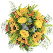 A symphony of yellow and orange blossoms shimmers from a glossy, circular bouquet that radiates sheer joy, reminiscent of summer afternoons spent in Golders Green's leafy parks. At its core, sunflowers beam outward with bold, golden petals-each one edged with softness yet exuding sturdy optimism. Surrounding them, velvety yellow roses curl in generous spirals, offering a classic note of elegance and warmth. Dashes of vibrant orange, courtesy of freesia or snapdragon-like flowers, infuse the bouquet with playful energy, while red hypericum berries tucked amidst the greenery offer vivid pops of cheerful colour, like glints of light catching on local shopfronts after rain. Fern fronds spill over the perimeter, their feathery textures echoing the gentle movement of leaves in local gardens, while airy chartreuse-green filler gives the arrangement a light, buoyant lift. The bouquet is rounded out by the distinctive, silvery-green hush of eucalyptus leaves, lending both visual contrast and a fresh, green scent. Occasional accents of reddish-brown foliage deepen the composition, adding earthy undertones that ground the palette and invite a slower gaze. Set against a pristine white background, every shade and form is beautifully articulated, making this bouquet an inspired choice for celebrations, thank-yous, or simply to infuse a sense of exuberance into any Golders Green home. Created with artistry and care, the arrangement feels both abundant and thoughtfully composed, reflecting the welcoming community it comes from.
