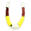 A vibrant U-shaped ceremonial garland photographed against a clean white backdrop, its plush, artificial blooms arranged with careful symmetry and a subtle shadow that suggests studio lighting. Beginning at each top arm is a dense cylinder of creamy white, tightly packed fabric petals that mimic small chrysanthemums or jasmine clusters; their soft, feathery texture reads as purity and calm. Those white crowns give way to a deep maroon or reddish-brown band, the petals formed into compact rosettes that add an earthy, grounding counterpoint. The longest sweep of each arm is a bright, sunlit yellow-dozens of fluffy, marigold-like fabric flowers that build a generous, velvety curve and lend the garland a celebratory, welcoming energy. At the bottom centre the two yellow sweeps meet in a wider, luxuriant cluster of pure white chrysanthemum-style blooms, creating a focused visual heart for the piece. Small, dark green leaf accents punctuate several transitions, especially between yellow and white, offering a natural contrast that keeps the colour blocks distinct. Up close the workmanship is evident: thousands of carefully cut fabric petals, hand-stitched joins, and even spacing that allow the garland to hang with soft weight and dignity. Although made from durable synthetic materials, the design preserves the scent-memory and ritual feeling of fresh blooms, suitable for Hindu puja, temple offerings, weddings, and festivals such as Diwali or Holi. As a Golders Green florist's piece, it feels at home for ceremonial tables near Golders Hill Park or as part of community celebrations around Golders Green Road, carrying both tradition and careful craft in its colours and form.