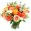 Bathed in soft, natural light against a brilliant white backdrop, this hand-tied bouquet reads like a moment of captured sunshine from Golders Green: warm oranges, soft peaches and creamy whites layered into a perfectly rounded, densely packed design. At the centre several large roses open in spirals of golden-yellow and deep fiery orange, their velvety petals curling inward and catching the light with a subtle sheen. Around them, fluffy coral and peach carnations add cloud-like texture with their ruffled, scalloped edges, while peach-pink gerbera faces lift with delicate radiating petals and slightly greenish centers that give the arrangement a playful, modern note. Tiny white spray blooms-resembling freesia or small carnations-dot the composition with bright, airy punctuation, and feathery pale-green filler clusters, akin to astrantia, provide soft, filigree detail. Silvery-green eucalyptus leaves are woven throughout, their rounded shapes and muted tones creating a cool, restorative backdrop that makes the warm flowers glow even more. The bouquet's stems are neatly gathered and tied at the base, clearly hand-tied for vase-ready presentation; you can almost sense the faint perfume of roses blended with the crisp, invigorating aroma of eucalyptus. This arrangement carries a joyful, grateful mood-ideal as a birthday gift, a thank-you bouquet, or a cheerful centrepiece for a small gathering near Golders Hill Park or a cosy kitchen table on Golders Green Road. As a local florist I picture it brightening a neighbour's doorstep or arriving by same-day delivery across NW11, where the colours nod to late-summer sunsets and small, celebratory moments in the community.