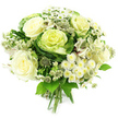 An artfully composed white and green hand-tied bouquet is displayed against a clean white background, making every flower and leaf appear almost luminous. Fully opened ivory and creamy white roses dominate the centre, their soft, velvety petals spiralling outward in generous blooms that evoke a gentle, familiar fragrance. Tucked alongside these classic flowers are impressive ornamental cabbages, their substantial, deep green outer leaves layering around finely ruffled inner whorls of light green and yellow-green, adding a chic, textural twist that feels very current among Golders Green clients seeking modern arrangements. Dotted around the bouquet, delicate white spray chrysanthemums and tiny daisy-like flowers create an airy halo, each with multiple slim petals surrounding a fresh yellow-green centre, giving the arrangement a light, uplifting spirit. More intricate interest comes from slender stems tipped with small, starry greenish-white blossoms similar to astrantia, their spiky forms breaking up the rounded softness and introducing a subtle wildflower charm, like something gathered on a walk between Hampstead Heath and the quieter residential streets of Golders Green. Here and there, white alstroemeria blossoms appear, some brushed with fine internal stripes or the faintest hint of lilac, weaving discreetly through the other blooms. All of this is cradled by generous greenery in varied shapes and textures-broad, polished leaves combined with narrower, more delicate foliage that form a rich collar and add depth to the rounded silhouette. The stems are gathered tightly and left visible, signalling a traditional hand-tied design, ready for a clear vase on a dining table or to arrive as a peaceful, refined gift for birthdays, weddings, or condolences within the local Golders Green community.