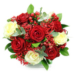 A beautifully balanced bouquet of red and white roses is presented against a crisp white background, its harmonious design drawing immediate attention to the interplay of colour and texture. The arrangement is densely packed into a rounded, almost perfectly spherical form, giving the impression of abundance and careful artistry, like something you might discover in a refined Golders Green boutique. Rich, velvety red roses dominate, their petals unfolding in deep, luxurious layers that speak of romance and devotion. Among them, creamy white and delicate pale yellow roses introduce softness and light, their more subdued tones casting a gentle glow that keeps the composition from feeling too heavy. Fine clusters of bright red gypsophila are scattered throughout, each tiny flower adding a lace-like, airy texture that contrasts with the substantial rose heads. Glossy red hypericum berries emerge here and there, their polished, bead-like shapes catching the eye and lending a subtle festive energy, ideal for winter holidays or special celebrations near Golders Hill Park. Framing the blooms, lush dark green leaves provide a rich backdrop, while rounded eucalyptus foliage in silvery-green adds cool highlights and a modern, fresh touch. The stems appear to be gathered into a clear, glass-style container, the base edged with a green and white check detail that suggests careful wrapping and readiness for gifting or local delivery. Soft, even lighting enhances the true tones of red, white, and green, while keeping shadows minimal so every petal edge remains distinct. The overall feeling is one of romantic celebration and thoughtful elegance, perfect for anniversaries, birthdays, or heartfelt thank-you gestures in and around the Golders Green area.