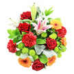 Captured from a bird's-eye view against a pristine white backdrop, this abundant mixed bouquet appears as a colourful circle of celebration, as if just prepared for delivery to a doorstep near Golders Green station. At its core, sumptuous deep red roses cluster closely, some in tight bud, others beginning to open with a velvety swirl of petals that hint at romance and gratitude. Around them, elegant lilies stretch their long petals in shades of white softly washed with pink, each flower dusted with tiny freckles and crowned with golden stamens, suggesting a light, refined fragrance drifting through a quiet side street off Golders Green Road. Plush red carnations fill in the spaces, their frilled, many-layered blooms adding depth and a sense of cosy richness. Punctuating the arrangement are bright orange and sunny yellow gerbera daisies, their bold, flat faces and darker centres bringing a playful, modern energy that feels perfect for birthdays or congratulations. Tucked neatly among these stars are clusters of lime green button chrysanthemums, round and compact like tiny cushions of colour, refreshing the eye with their vivid green tone. The entire design is wrapped in an embrace of foliage: broad, glossy dark green leaves reflect the light, while softer, silvery-green leaves introduce a gentle, cool contrast. On the white background, every shade and texture stands out clearly, making this bouquet appear both carefully composed and joyfully overflowing. It evokes the feeling of a thoughtful gift chosen to brighten someone's day across Golders Green, Hampstead, or Temple Fortune, bringing warmth, freshness, and a touch of garden beauty indoors.