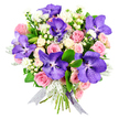 This hand-tied bouquet, shown against a crisp white background, radiates a sense of refined celebration, as if just finished on a workbench in a Golders Green flower studio. The most striking elements are the Vanda orchids, their expansive petals drenched in velvety purple and blue-violet tones, intricately speckled so that each bloom feels like a unique work of art. Framing these dramatic flowers is a generous ring of soft pink roses, some small and tightly wrapped, others fully open with layered, spiralling centres that suggest a gentle, classic rose scent. Creamy white spray roses slip gracefully between them, adding a creamy glow and softening the transition between the richer hues. Scattered through the design are delicate white filler flowers and clusters of pale hypericum berries, their small, rounded forms bringing a playful yet elegant texture. Silvery-green dusty miller foliage weaves in like a cool mist, its softly fuzzy leaves contrasting with the sleek, dark green foliage that provides structure and depth. The stems are carefully aligned and finished with an iridescent ribbon in silver and lilac, its sheer fabric catching the light with a quiet, luxurious shimmer. The composition feels balanced and full, ideal for sending love on Mother's Day, marking an anniversary in one of Golders Green's leafy streets, or offering a sophisticated congratulations to a new homeowner near Childs Hill. The calm blend of purple, blush pink, and white creates a mood of thoughtful romance, perfectly suited to moments where you want your flowers to speak with grace and sincerity.