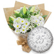 A sophisticated anniversary bouquet and balloon duo is showcased against a clean white background, reminiscent of a carefully styled window display just off Finchley Road in Golders Green. The main focus is a hand-tied bouquet brimming with white chrysanthemum daisies, their bright yellow centres standing out like little suns amidst rings of crisp, evenly spaced petals. Intertwined with these daisies are several stately white lily buds, elongated and gently tapered, resting in a closed state with subtle green flushes that run along the outer petals, hinting at their future opening. Fine clusters of baby's breath weave delicately through the composition, their tiny white blossoms adding a lace-like softness and a sense of volume without overwhelming the eye. Around the flowers, lush dark green foliage forms a natural frame, the leaves deep and slightly glossy, grounding the airy whites and providing contrast. The stems are first enclosed in a clear cellophane sleeve that catches points of light, then wrapped in rustic brown kraft paper folded into structured layers, lending an artisan, hand-crafted feel that suggests the bouquet has been prepared with great care. The base is cinched neatly, hinting that it is ready to be carried to a home celebration or an intimate gathering near Golders Hill Park. To the lower right, a round silver foil balloon rests, its reflective surface alive with delicate baroque-style scrolls and floral embellishments in darker silver tones. At its centre, the number 25th appears in poised, flowing script, while the words Happy Anniversary are softly repeated in the background pattern. Together, the pure white blooms, earthy wrapping, and shining silver balloon evoke a serene, joyful tribute to a 25-year milestone.