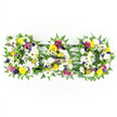 A traditional yet expressive funeral tribute spelling DAD is arranged horizontally against a clean white background, every detail of the floristry clearly visible. Three separate letter shapes - the initial D, the central A, and the closing D - stand side by side, each built as a sturdy floral block softened with a generous border of dark green fern foliage. The ferns' feathery texture wraps around the edges, creating a lush frame that highlights the flowers within. Inside each letter, an abundance of white blooms forms the main body: broad white gerbera daisies and rounded white chrysanthemums are tightly clustered so they appear like a continuous cushion of soft, cloud-like petals. Nestled through this white base are smaller touches of colour - warm yellow gerberas, tiny yellow spray roses, and bright green button chrysanthemums - that bring gentle brightness, suggesting fond recollections and family warmth. Deeper hues arrive through scattered purple lisianthus and rich fuchsia or magenta spray roses, lending a dignified richness and helping the letters stand out clearly even from a distance, such as at a funeral home or cemetery in the Golders Green area. The three letters are subtly linked along the back by slender dark green or metal bars, which keep the tribute straight and aligned without distracting from the flowers. Overall, the arrangement conveys a strong, personal message of love and loss, as if prepared by a local Golders Green florist who understands how important it is for a final tribute to say DAD with tenderness, clarity, and beauty.