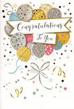This congratulations card radiates the same kind of joyful energy you feel when good news is shared over coffee in a cosy Golders Green café. At the centre, a generous bouquet of illustrated balloons rises gracefully, the shapes overlapping in a soft, cloud-like cluster. The colours are elegant and harmonious: metallic gold and silver sit alongside champagne tones, pale sky blue, blush pink, and gentle grey, all finished with a delicate sheen. Each balloon carries its own pattern of celebration-some dusted with fine glitter, others wrapped in shimmering stripes or sprinkled with tiny shining stars-creating a sense of depth and texture that feels almost touchable. From the lower edges of the balloons, slim ribbons stream downward in curling arcs of gold and silver, meeting in a flourish that anchors the design like the ribbon bow on a freshly tied bouquet. Scattered across the pale, softly tinted background are small stars, confetti specks, and swirling lines, suggesting the joyful chaos of a surprise party in a home near Brent Cross or Hampstead Garden Suburb. Cutting across the centre of the composition is a graceful banner carrying the phrase Congratulations To You in flowing, elegant script. The lettering feels timeless and sincere, like a carefully handwritten message we might include with flowers sent for an exam result, promotion, or milestone birthday. The overall impression is one of refined festivity-light, airy, and full of quiet pride-making this card a fitting partner to any celebration, whether it's a big family gathering or a personal achievement quietly marked at home in NW11.