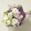 A carefully hand-tied bouquet lies horizontally on a pale beige, slightly nubbled fabric, whose linen-like weave offers a calm, neutral stage for the flowers to shine. The design centres on lush white lisianthus, their petals layered like silk, with some blooms open wide to reveal soft yellow-green throats and others still elegantly furled, promising to unfold over the course of the day. Nestled among them are clusters of stock in shades of blush pink and light mauve, each stem packed with tiny ruffled florets that lend a cloud-like fullness and a powder-soft, romantic feel, ideal for a bride stepping out of a townhouse just off Golders Green Road. Punctuating these gentle tones are vivid purple, star-shaped filler flowers, reminiscent of ornamental allium, adding airy bursts of colour and a playful, almost sparkling texture that catches the light. Long, slim strands of deep green foliage arc through the bouquet, especially visible sweeping around the right side, giving the arrangement a sense of movement and flow, like gentle paths winding towards Hampstead Heath. The stems are gathered with precision and bound in a rich fuchsia-pink satin ribbon, smooth and slightly glossy, which contrasts beautifully with the flowers' soft palette. Over this, a narrow string of tiny white pearls is wrapped or pinned, lending a classic, jewellery-like finish that suggests heirloom quality. The overall impression is of refined romance and thoughtful design, a bouquet that feels equally suited to a sophisticated wedding reception near Brent Cross or an intimate anniversary dinner at home, created with the quiet confidence of an experienced local florist.