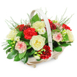 A softly overflowing funeral flower basket is shown in clear focus, its colours and textures arranged with the kind of care you might expect from an experienced local florist in Golders Green. The basket itself is crafted from pale, natural-looking wood, gently oval in shape, and supported by four tiny feet that lift it just enough to feel refined. A smooth, arching handle rises from side to side, painted or finished in an off-white tone that harmonises with the blossoms. Inside, the flowers form a generous dome, almost spilling over the edges in a natural, garden-like way. Fully opened creamy white roses sit proudly at the heart of the display, their velvety petals layered in soft spirals that evoke innocence, reverence, and quiet goodbye. Around them cluster rich red carnations with deeply frilled petals, their colour reminiscent of burgundy velvet, symbolising love, courage, and remembrance. Lighter pink and white-tipped carnations weave through this deeper backdrop, adding softness and a feeling of gentle memories. Small, delicate white flowers-similar to freesias, with open, bell-shaped blooms and slender stems-punctuate the design like tiny points of light. The entire arrangement is cushioned in lush greenery: broad, glossy leaves provide depth and structure at the base, while airy, feathery fronds reach out from the top and sides, giving an impression of movement and life. Set against a plain white background, the reds, creams, and greens stand out vividly, yet the overall effect remains soothing and respectful. This arrangement feels especially suited for expressing sympathy, whether placed beside a casket, arranged near a photo at a funeral service, or delivered to a home in Golders Green as a gentle, living tribute.