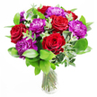 The image shows an abundant, joyful bouquet of red roses and purple peonies arranged in a simple clear glass vase, creating a striking focal point that feels both romantic and spirited. The red roses are fully open, their petals thick and velvety, spiralling towards the centre like small, glowing fires, each one a rich shade of crimson that suggests deep emotion and heartfelt intention. Nestled closely among them, the purple peonies look almost cloud-like, their many ruffled petals layered in soft waves that catch the light differently from every angle, shifting from deep violet to softer lilac highlights. The flowers are cradled in a generous frame of greenery: polished, deep green leaves that fan outwards and peek between the blooms, adding contrast and a sense of garden freshness. Intertwined throughout are elegant strands of eucalyptus, their cool, silvery-green discs arching gently, giving the design a modern, airy feel that conjures the calm of tree-lined streets near Golders Hill Park or Hampstead Garden Suburb. Through the transparent vase, the stems are visible-straight, evenly cut, and submerged in clear water-adding a sense of clean simplicity beneath the lavish top. Soft daylight, perhaps from a nearby window in a Golders Green living room, washes over the bouquet, making the reds seem warmer and the purples more vivid, while subtle shadows form on the table surface below. You can almost imagine leaning in to breathe the fragrance: the sweet, classic scent of roses mingling with the green, slightly herbal notes of foliage and eucalyptus. This bouquet feels ideal for an intimate birthday celebration, a romantic evening at home, or simply brightening a favourite corner, infusing the space with colour, texture, and a sense of being thoughtfully cherished.