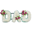 A tender, hand-built memorial spelling the word DAD in bold, capital letters, photographed against a clean white backdrop so every detail reads clearly. Each letter is a plush canvas of pristine white chrysanthemums - the tiny, rounded florets packed densely to create a cloud-like, cushiony surface that suggests calm and purity. A pleated emerald-green ribbon frames both the outer and inner edges of every letter, its ruffled texture giving a cool, dignified outline against the white blooms. Nestled into the first 'D' at the upper left curve is a small cluster of deep magenta roses in mixed stages of bloom, paired with delicate white freesia and glossy dark green foliage so the colour pops without overwhelming the composition. The 'A' carries a similar cluster tucked into the lower central V, balanced and slightly sheltered by the letter's form; the final 'D' mirrors the first with its accent placed on the upper right curve. Behind the letters a muted dark green or grey horizontal support bar runs discreetly, suggesting a stable, self-standing design suitable for a chapel, graveside or wake. In soft daylight the arrangement's textures read as both tactile and reverent: the powdery scent of chrysanthemums and a faint lift of rose perfume combine with the green freshness of foliage and freesia. As a local florist would note, this is the kind of bespoke tribute often chosen to say goodbye with grace - a quiet, loving statement of remembrance that would be appropriate for services in Golders Green or at nearby Golders Hill Park memorial gatherings.
