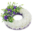 This circular funeral wreath is a quiet, carefully crafted expression of sympathy, photographed against a simple white backdrop so every petal and texture reads clearly. The foundation is a dense, unbroken ring of pristine white cushion chrysanthemums - each bloom closely set so the ruffled petals form a soft, cloud-like surface that suggests peace, continuity, and gentle remembrance. At the upper-left quadrant a deliberate focal spray of purple Eustoma (lisianthus) introduces depth and warmth: rich, velvety violet blossoms sit beside paler lavender buds and slender stems, their layered petals opening like small, solemn lanterns. Intertwined with the purple cluster are varied green leaves - some broad and glossy with pale variegation, others fine and fern-like - which add a fresh, living contrast and a subtle rustle of texture. Beneath the main body of flowers a delicate border of crinkled, deep purple mesh or lace peeks out along the inner and outer edges, echoing the lisianthus tone and lending a refined, ribboned finish. Soft, diffused studio lighting highlights the wreath's rounded form and casts a gentle shadow beneath, giving the composition a quiet presence on the white plane. The overall effect is dignified and consoling: white for purity, purple for respect and remembrance, composed with the careful hand of a florist mindful of proportion and feeling. This arrangement reads as a respectful tribute for a funeral, graveside or memorial service, offering a tangible way to convey condolences and enduring love without words.