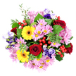 From a bird's-eye view, this generous mixed bouquet appears as a vibrant, circular tapestry of colour set against a flawless white background, its details clear and inviting, as if laid out on a worktable in a cosy Golders Green studio. Deep red roses form the most striking accents, each bloom tightly furled with velvety petals that spiral inward, hinting at romance, respect, and heartfelt sentiment. Radiating around them are sunny yellow Gerbera daisies with dark central discs, their flat, daisy-like petals spreading like small suns and infusing the arrangement with optimism, much like a bright morning across nearby Hampstead Garden Suburb. Between these stronger tones, soft pink and lilac chrysanthemums unfurl slender, slightly spiky petals around softer yellow-green centres, adding plush volume and a gentle, soothing presence. Threaded delicately throughout are lisianthus flowers in shades of royal purple, lavender, and muted blue, their bell-like, ruffled blooms adding an air of elegance and quiet sophistication that would be at home on any sideboard or office reception in NW11. Fresh greenery cradles the flowers - some leaves wide and glossy, others smaller and round like eucalyptus - providing contrast, depth, and a touch of woodland freshness. Bright red hypericum berries cluster here and there, their smooth, shiny surfaces catching the light and introducing small, jewel-like points of interest. The overall mood is cheerful yet refined, a bouquet that feels ready for a birthday surprise, a thank-you gift, or a comforting gesture delivered to a friend's doorstep in Golders Green, carrying with it a sense of care and celebration in every stem.