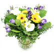 A breathtaking, sunlit bouquet from Flowers Golders Green is captured here in a clear glass cylindrical vase set against a pristine white background. The arrangement radiates warmth and optimism, with a generous cluster of sunny yellow Gerbera daisies that draw the eye to their bold dark centers. Nestled among them are pristine white Calla lilies, their smooth, trumpet-shaped petals lifting above the bouquet with quiet grace. Interspersed throughout are clusters of soft lavender to purple Lisianthus, their ruffled edges adding gentle movement and depth. Completing the palette are delicate white Alstroemeria, often striped with whispers of yellow and green, which contribute subtle texture and lightness. The foliage is lush and varied, providing a verdant backbone for the blooms. Silvery-green eucalyptus branches bring a fresh, aromatic note and a refined air, while broader, dark-green leaves anchor the arrangement and give it generous fullness. The stems are neatly arranged in a transparent glass vase, water visible through the clean lines of the glass, and a slim black band around the stems helps maintain the bouquet's poised structure. The overall effect is a modern, elegant bouquet that feels both celebratory and serene. Perfect for birthdays, anniversaries, or simply to brighten a Golders Green home, this bouquet embodies freshness, generosity, and heartfelt sentiment. It is delivered with care and can be arranged for same-day delivery across Golders Green and neighbouring areas such as Hampstead Garden Suburb, Cricklewood, and Temple Fortune, making it a thoughtful gift that brings warmth and color to any room.