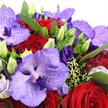 This richly detailed image showcases a densely gathered bouquet of purple and red flowers, captured as though the viewer's nose were almost brushing the petals, like leaning in to admire an arrangement on a Golders Green dining table. Large Vanda orchids command attention with their sweeping lavender and deep-purple petals, each intricately patterned with darker speckles that create a sense of exotic grace. Surrounding them, deep crimson red roses provide a dramatic counterpoint, their velvety spirals layered so closely that the blooms appear to glow from within, echoing themes of romance and devotion. Threaded among these stars are clusters of royal-purple lisianthus, some blossoms fully open in gentle ruffles, others held in tapered lime-green buds that hint at ongoing life and new memories yet to form. Lush emerald foliage encircles and supports the flowers, its glossy leaves and stems offering a cooling green canvas that balances the intensity of the jewel-tone palette. Tiny touches of chartreuse filler and the occasional whisper of pale pink or white petals peek through, adding small, bright accents, like the unexpected charm of a side street off Golders Green Road. The lighting is soft and flattering, revealing each curve, vein, and texture, and inviting the viewer to imagine a light, floral fragrance mingling in the air. This bouquet feels intentionally luxurious yet intimate, ideal for a Valentine's surprise delivered to a flat near Brent Cross, a special birthday gesture, or a quiet anniversary celebration at home, expressing love and refinement in every carefully placed bloom.