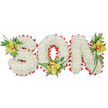 A solemn, hand-crafted floral tribute spells the word SON in three-dimensional block letters, each letter formed from hundreds of small, snow-white chrysanthemum blooms packed so closely they read like soft clouds. The overall silhouette sits against a simple white background, letting the texture of the petals and the clean lines of the design speak clearly. Around the perimeter and tracing the inner curve of the O is a continuous scalloped border of vibrant red ribbon, folded into neat loops that catch the light and give a gentle, rhythmic contrast to the pure white surface - a quiet emblem of love and remembrance. Each letter is punctuated by a lime-green Cymbidium orchid: one nestles in the upper curve of the S, another cradles the base of the O, and a third accents the upper right of the N. The orchids show pale yellow-green petals with a warm reddish-brown throat and a satiny, waxy texture that plays against the matte softness of the chrysanthemums. Around those focal blooms, a mix of deep green leaves and delicate fern fronds trails and fans, adding vertical movement and an organic, garden-like depth. The arrangement is lit softly, as you might see in a chapel or beside a graveside on a calm morning, with the cool white of the flowers balanced by the warmth of the red ribbon and orchid centres. This carefully composed piece is intended as a son's memorial, designed to convey purity, enduring affection, and quiet dignity - the kind of personalised tribute chosen by families seeking a heartfelt farewell in Golders Green and nearby communities.