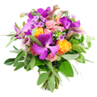A generously full, hand-tied bouquet is shown against a bright white background, every bloom sharply defined and glowing with colour. The focal point is a cluster of striking purple Vanda orchids, their petals wide and velvety with a distinctive pattern of lighter speckles that creates a rich, almost mosaic effect. Around these tropical stars, vibrant orange roses are tightly cupped and perfectly formed, each one adding a burst of citrusy warmth. They are softened by an abundance of pastel pink garden-style roses, some just beginning to open with smooth, curved petals, others already unfolding into lush, many-layered blossoms that suggest tenderness and affection. Threaded between the roses and orchids, a few elegant calla lilies in muted plum and lavender tones arc gracefully upward, their sleek, trumpet-shaped blooms lending the design a modern, sculptural feel. The bouquet is wrapped in a halo of fresh greenery, including slender, silvery eucalyptus leaves that give a soft haze around the blooms and darker, more compact foliage that grounds the arrangement and adds depth. Little clouds of pale lavender filler flowers and slender green sprigs peek through the larger heads, offering fine detail and a sense of movement as though caught in gentle light. The natural stems are neatly gathered and visible at the base, showing the bouquet's artisan, hand-tied nature. Created in the style you might find from a skilled local florist in Golders Green, this piece would look at home on a sideboard near Brent Cross or as a statement gift delivered to a friend off Finchley Road, bringing a feeling of joyful luxury and celebration.
