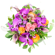 From a bird's-eye perspective, this opulent bouquet appears as a perfectly rounded burst of colour, laid out on an immaculate white background that accentuates every petal and leaf. Dominating the design are dramatic Vanda orchids in rich fuchsia and deep magenta purple, their broad petals patterned with fine, mosaic-like markings that create a captivating, almost hypnotic texture. Intertwined with these exotic blooms are generous clusters of roses in three main tones: soft, romantic pastel pink; bright, sunny orange; and warm, golden yellow, each blossom tightly furled in a graceful spiral that hints at their velvety touch. Dark plum and aubergine-hued calla lilies arc elegantly through the bouquet, their sleek, trumpet-shaped forms adding a sophisticated, sculptural element that a skilled Golders Green florist might choose for a refined celebration. Dainty lavender and light purple filler flowers, likely akin to phlox, are scattered delicately between the larger blooms, their tiny star-shaped petals adding both softness and a sense of airy movement. A lush base of greenery anchors the entire composition: broad, glossy emerald leaves mingle with round, silvery-green eucalyptus, whose cooler tones and matte texture create a refreshing contrast to the saturated flowers. The arrangement feels dense and luxurious, with no empty spaces, as though each stem has been carefully placed to balance colour, height, and texture. Bathed in bright, even lighting, this bouquet radiates joy, romance, and polished elegance-perfect for marking a milestone birthday, an engagement in nearby Hampstead, or a thoughtful same-day delivery surprise to someone special in Golders Green.