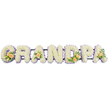 A carefully crafted funeral flower arrangement spells out GRANDPA in seven bold, upright capital letters, all linked along a narrow, dark support bar that holds them in a straight, dignified row. Each letter is entirely covered with clusters of small white spray chrysanthemums, so closely arranged that they form a thick, velvety blanket of petals, soft and full, with occasional hints of pale yellow at the centres. Around the outer edge of every letter runs a neat border of pale mauve or light lavender flowers, subtly tracing the outline of the G, R, A, N, D, P, and final A, and providing a gentle contrast that makes the white centres stand out more strongly. At key points along the tribute, the calm palette is warmed by peach roses and greenery: the G features a prominent cluster of roses, some in full bloom, others still partially closed, nestled amid slender white lily buds and dark, glossy leaves, creating a focal accent at the start of the word. The first A carries a single peach rose set against fresh green foliage, offering a quiet note of remembrance. The curve of the D is graced with another small grouping of peach roses and leaves, mirroring the arrangement on the G, and the final A is finished with a single rose and greenery, giving a sense of balance and continuity. The entire design is photographed on a bright white background that eliminates distractions and draws attention to the interplay of colour and texture. It feels like a serene, bespoke tribute that could be delivered to a chapel or cemetery in Golders Green, a floral expression of love and respect for a cherished grandfather.