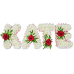 A beautifully composed, three-dimensional floral tribute spells the name KATE in bold capital letters, each letter built from a dense, cloud-like mass of small, pristine white chrysanthemum blooms. The chrysanthemums create a soft, tactile surface that reads as pure and reverent against the clean white background, while a narrow, pale pink satin ribbon gently pleats along the outer contours, lending a refined, almost whisper-soft edge to each form. Atop each letter a single deep red rose provides a dramatic centrepiece: the rose on the K is nestled on the lower part of its left vertical stroke, the A carries its rose at the triangular peak, the T's rose sits at the base of the left side of its horizontal crossbar, and the E's crimson bloom rests on the middle horizontal bar. Each rose is framed by a generous sweep of fresh green foliage - glossy broad leaves paired with delicate fern-like sprigs - which introduces movement and depth, softening the block letters and creating natural lines that draw the eye.

Soft studio light highlights the varied textures: the chrysanthemums' tight petals, the satin ribbon's subtle sheen, and the velvety, saturated petals of the roses, while a faint, floral scent seems to linger in the air. This arrangement reads as a tender, personalised memorial piece, ideal for a funeral or celebration of life where clarity, respect and affection are paramount. As a local floral design one might encounter in Golders Green near Golders Hill Park or along Golders Green Road, the tribute balances classic sympathy colours - pure white, deep crimson and fresh green - to convey love, purity and lasting remembrance with quiet, dignified artistry.