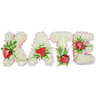 A tender, personalised funeral tribute spells the name KATE in large, three-dimensional capital letters, each letter formed from a plush carpet of small, pristine white spray chrysanthemums. The surface reads as soft and pillowed, each tiny bloom packed closely to create a calming, uniform field of white that suggests peace and gentle remembrance. Nestled into that white expanse are carefully placed clusters of deep red roses - glossy, velvety blooms with open petals and rich, fragrant depth - each cluster balanced with dark green foliage and delicate fern fronds to give contrast and sculptural definition. On the 'K' a single red rose anchors the upper arm; the 'A' cradles a pair of buds at its base; the 'T' carries a cluster near the crossbar; and the 'E' shows a gathering of blooms slightly below centre, their ruby tones providing a warm focal point against the snow-white chrysanthemum backdrop. A soft, pale pink frill or pleated ribbon traces the outer edge of every letter, adding a gentle halo of colour and a tactile scalloped finish that softens the overall silhouette. Slender green tendrils and fine vines weave subtly between the letters, suggesting connection and continuity, while a faint drop shadow beneath each form lifts the composition off the pristine white ground, giving it three-dimensional presence and quiet dignity. The arrangement conveys a restrained, heartfelt elegance suitable for a wake or memorial service in Golders Green or nearby Hampstead Garden Suburb, where families often seek thoughtful, handcrafted tributes that combine texture, scent and craft to honour a loved one.