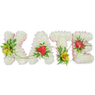 This image presents a lovingly crafted floral name tribute reading KATE, positioned on a plain white background so every colour and texture is clearly visible. The four capital letters are built from a dense bed of white chrysanthemums, each bloom nestled tightly against the next to form a smooth, plush surface that conveys purity and serenity. Around the outer edges, a soft pink ribbon is neatly pinned, its satin finish lending a gentle sheen and a hint of delicate colour that frames each letter without distracting from the overall harmony. Into this snowy base, the florist has woven striking feature flowers and greenery: yellow-green cymbidium orchids with rich, red-brown centres brighten the K and T, their slightly arching stems and waxy petals standing proudly; deep red, heart-shaped anthuriums add a dramatic, love-laden accent to the A and E, their polished surfaces catching the light. Clusters of dark and mid-green foliage cradle these blooms, while fine, curling green tendrils trail across and between the letters, visually linking the name into one continuous, flowing tribute. The composition feels calm, balanced, and carefully considered, with each element working together to express tenderness, respect, and memory. It is the sort of personalised funeral arrangement you might see at a quiet Golders Green service or delivered to a family home nearby, a gently spoken farewell that carries the personality of the person remembered in flowers rather than words.