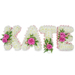 A lovingly handcrafted floral tribute spells the name KATE in bold, three-dimensional letters, each letter built from hundreds of small, pristine white chrysanthemums that read soft and cloud-like to the eye. The inner contours of every letter are traced with a pale pink satin ribbon, giving a gentle, feminine edge that catches soft studio light against the immaculate white background. Hot pink roses-rich fuchsia in tone-are placed as deliberate focal accents: two gracefully opened roses on the left arm of the K, a single prominent rose tucked into the lower centre of the A, a vivid rose anchoring the base of the T, and a clustered pair on the right curve of the E. Between and beneath these roses peeks a tapestry of fresh greenery-fern-like fronds, glossy ruscus and variegated leaves-together with tiny pale pink buds and sprigs that may be alstroemeria or spray roses, adding a whisper of contrast and natural texture. The chrysanthemums are tightly packed so the letters present a seamless, sculpted surface while the roses offer plush, velvety petals and a faint, elegant scent when handled. Subtle shadows beneath each freestanding letter give the whole arrangement dimensionality, as if it were poised for placement at a service table or beside a memorial photograph. As an experienced local florist might explain to a family planning a tribute in Golders Green-whether for a church service, a crematorium ceremony, or a quiet celebration of life-this composition reads as dignified, personal and tender, conveying remembrance, warmth and the careful craftsmanship of bespoke floristry.
