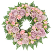 A perfectly round floral wreath rests flat on a pure white background, its gentle, muted palette and full design creating an immediate sense of calm and respect. The arrangement is composed primarily of roses, densely woven together so that no gaps interrupt the circle, echoing the unbroken bond of memory and love. Large, open roses in dusty lavender, antique mauve, and soft greyish-purple anchor the design, their many layered petals forming intricate rosettes that look almost velvety to the touch. Between these more statuesque blooms, smaller blush-pink spray roses appear in little clusters-some still tightly closed, some half-unfurled-bringing a softer, more intimate note to the wreath. These pink touches add warmth without disturbing the overall serenity of the composition. All of the flowers are cradled by a thick underlay of rich, dark green fern fronds, probably leatherleaf or sword fern, whose finely cut, feather-like leaves spread outward around the entire circle. This lush collar of foliage frames the pastel blooms and gives the wreath structure and depth, like a ring of greenery you might see in a quiet garden near Golders Green station or along the quiet residential streets. Tiny glimpses of darker filler greens and small buds peek between the petals, breaking up the colour fields and lending a sense of natural abundance. The lighting is even and soft, allowing each flower and leaf to be seen clearly, with no harsh contrasts. The mood is one of gentle condolence and reflective peace-an elegant funeral or sympathy wreath suitable for commemorating a loved one's life with dignity and grace in the Golders Green community.
