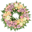 Set against a clean, white studio background, this circular funeral wreath appears as a complete, unbroken ring of roses and foliage, composed with great care for both colour harmony and symbolism. Large, open roses in shades of creamy ivory, soft peach, and light buttery yellow create a gentle, luminous base, while distinctive dusty lavender and muted mauve blooms bring a quiet depth that feels particularly appropriate for mourning. Between these larger flowers, clusters of petite blush pink spray roses, together with firm, pale green buds, introduce subtle variation and a sense of tender detail, as though each stem has been placed with intention. Dark green fern fronds form the supporting structure, their delicate, feathery leaves visible just beyond the petals, outlining the circle and adding cool, shadowy greens that make the pastel tones stand out. The wreath is photographed evenly from above, with no visible ribbon or inscription, so the focus remains on the natural beauty and balance of the flowers themselves. It evokes the kind of sympathetic arrangement often selected in Golders Green for services near local synagogues or crematorium chapels, where families value both tradition and understated elegance. The overall feeling is one of calm remembrance, a floral embrace that speaks softly of love, respect, and the enduring bond that remains long after a final goodbye.