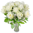 A serene, full-bodied bouquet of pure white roses fills the frame, composed with the quiet restraint of a classic arrangement and photographed against a clean, white backdrop. Around a dozen large roses open in generous spirals, each velvety petal unfolding from a subtly creamy-yellow heart to pristine ivory edges; their texture reads soft as satin and the bloom shapes vary slightly, giving a natural, hand-crafted rhythm to the cluster. Speckled through the roses are feathery clouds of Gypsophila paniculata - tiny, clustered white blossoms that hover like morning mist and lend an airy, lace-like contrast to the boldness of the roses. Beneath and between the blooms, lush green foliage of mixed leaf shapes fans outward, its fresh, verdant tones sharpening the whites and adding depth where the eye can rest. The stems are neatly trimmed and visible through a simple, clear glass vase placed at the bottom centre of the image; its slightly flared silhouette and the water line provide a calm architectural base for the organic bouquet above. Bright, even lighting bathes the composition, catching subtle shadows in the petal folds and suggesting a gentle fragrance that is at once delicate and uplifting - the faint sweetness of garden roses tempered by green, green stems. This arrangement reads as a symbol of purity and solace: suited to weddings in local chapels near Golders Hill Park, quiet anniversary moments at a Finchley Road flat, or a sympathetic gift delivered to a neighbour in Golders Green. The overall effect is composed, tender and timeless, inviting both sighted and visually impaired recipients to imagine the soft textures and soothing scent of fresh white roses.