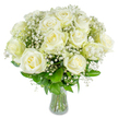 A collection of flawless white roses sits arranged with natural poise in a clear glass vase, each bloom opening in layered spirals of creamy petals that catch the light with a soft, luminous sheen. Tiny clouds of gypsophila weave through the bouquet like stardust, their pinprick blossoms creating a delicate halo around the larger roses and lending an airy, weightless quality to the composition. Deep forest-green foliage peeks out beneath the heads of the roses, grounding the arrangement and offering a fresh contrast to the snowy whites; the stems are visible through the vase, their structural rhythm adding subtle vertical movement to the display. In soft morning light-imagine the pale sun that filters through windows near Golders Hill Park-the scent is restrained and classic, a whisper of rose with an almost linen-like clarity that soothes rather than overwhelms. The overall mood is one of understated elegance: serene, refined, and quietly confident. This is an arrangement I imagine placed on a mantel in a Hampstead sitting room, given as a wedding gesture at a nearby register office, or brought to offer comfort and calm in a new home around Golders Green. The craftsmanship is evident in the hand-tied balance, each bloom positioned for harmony and longevity, showing respect for the rose's natural form. Whether chosen for an anniversary, a thoughtful condolence, or a peaceful housewarming, these white roses speak with gentle authority-simple but deeply expressive-offering a timeless presence that reads as both intimate and dignified.
