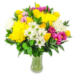 A vibrant mixed bouquet rises confidently from a clear glass vase, set against a pure white background that makes every colour sing, as if the arrangement were freshly set on a bright countertop in a Golders Green flower shop. The design is luxuriously full and rounded, with no gaps between blooms, creating a soft, cushiony dome of colour and texture. Cheerful yellow roses, their petals neatly layered and still partly closed, shine out from various points in the bouquet, joined by plush yellow chrysanthemums whose tightly packed, ruffled petals add a rich, tactile quality. Sprinkled among these larger heads are clusters of small white daisy-like flowers with vivid lime-green centres, adding a lively, almost playful contrast that evokes wildflowers gathered from the edges of nearby Hampstead Heath. Fluffy white chrysanthemums echo the volume of the yellow ones while lending a gentle, cloudlike lightness. Vivid magenta and fuchsia chrysanthemums are interwoven throughout, their saturated tones creating vibrant accents that energise the entire arrangement, while smaller, softer pink blossoms are tucked more discreetly among the main flowers, deepening the palette without overwhelming it. Glossy, deep green foliage with firm, oval leaves supports and frames the blooms, arching around the sides and peeking between petals to give structure and a naturally lush feel. The clear glass vase has a subtle, elegant curve, and the straight green stems are clearly visible through the water, reinforcing the sense of just-cut freshness. This joyful bouquet feels ideal for affordable birthday surprises, pick-me-up gifts, or everyday celebrations delivered across Golders Green, Temple Fortune, and nearby streets, sending a message of optimism, care, and simple, honest happiness.