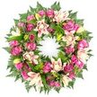 This image shows a richly detailed circular wreath designed as a funeral or memorial tribute, displayed alone against a clean white background so every colour and texture stands out. The wreath forms a continuous ring of flowers dominated by pink roses and lilies. The roses range from deep magenta and vivid fuchsia to tender blush shades, some tightly furled, others fully open so their many petals form soft spirals and ruffled cups. Interwoven with them are luxuriant double lilies in tones of creamy white, pale peach, and gentle pink, with layered petals that give a plush, almost cushion-like appearance. Several unopened lily buds in fresh yellow-green are tucked among the open blooms, adding a sense of life still unfolding. The flowers are supported by a generous base of foliage: dark green fern fronds with delicate, feathery ends, glossy broad leaves catching the light, and smaller textured greens that fill the spaces and create a lush, full effect. The colour harmony of vivid greens against warm pinks feels both uplifting and respectful, well suited to a funeral, a remembrance service, or a celebration of life. The evenly lit, shadow-free background suggests a professional studio setting, similar to how an experienced Golders Green florist would photograph a finished tribute before sending it out for same-day delivery to a chapel, cemetery, or family home nearby. Overall, the wreath conveys enduring love, dignity, and a gentle sense of comfort for those saying goodbye.