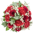 A rich, perfectly domed bouquet of red flowers is presented from a top-down angle, set against a stark white background that allows every colour and curve to stand out clearly. At the core are sumptuous deep red roses, their velvety petals spiralling tightly inward, giving a sense of depth and classic romantic allure. Around these, ruffled red carnations build volume and softness, each bloom packed with delicately pleated petals that create a plush, almost cushion-like surface, as though lovingly shaped in a Golders Green studio for a special evening surprise. Weaving between the red blooms, fine sprays of white baby's breath scatter tiny blossoms like stars across a crimson sky, adding a gentle, airy contrast that lightens the mood of the arrangement. Eucalyptus leaves in muted grey-green tones extend from between the flowers, their rounded, smooth surfaces and slightly dusty sheen introducing a cool, contemporary accent, reminiscent of the calm streets leading towards Hampstead. Deeper green foliage from the rose stems forms a subtle frame, reinforcing the bouquet's rounded silhouette and grounding the brighter colours with natural depth. The lighting is soft yet bright, enhancing the richness of the reds while keeping the whites clean and crisp, suggesting freshly arranged stems ready for delivery to homes and restaurants around Golders Green and Temple Fortune. The composition feels luxurious yet approachable, ideal for anniversaries, romantic declarations, or a heartfelt thank-you, reflecting the practiced touch of a local florist who understands both the emotional weight of red flowers and the gentle charm of baby's breath and eucalyptus working in harmony.