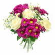 A full, rounded bouquet is shown against a bright white background, every colour and detail standing out as if lit by gentle daylight through a Golders Green bay window. Several creamy white roses, opening generously, form the calm centre of the design; their petals are thick and velvety, folding back in graceful spirals with a blush of pale yellow deep within. Clustered around them, fuchsia and magenta chrysanthemums create a vivid ring of colour, their daisy-like forms animated by lively yellow-green centres that give the whole arrangement a playful, sunlit energy. Between these bolder blooms weave fine stems of petite white daisies, much like chamomile, each with a fresh golden centre, adding a soft, countryside note that tempers the richness of the palette. A few smaller buds of deeper purple-pink mums peek from between the petals, introducing hints of shadow and depth so the bouquet feels three-dimensional and dynamic. The greenery is lush but tidy, with deep green rose leaves and broader chrysanthemum foliage framing the flowers and grounding the design in natural texture. At the base, the stems are cleanly gathered and wrapped in a neatly tied green and white checked ribbon, suggesting a bouquet carefully finished by a local florist for delivery to a doorstep near Brent Cross or Golders Hill Park. The overall effect is one of bright, friendly celebration, perfect for lifting someone's spirits, marking a birthday, or bringing a fresh burst of colour into a living room just off Golders Green Road.