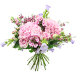 A hand-tied bouquet in soft pinks and lilacs fills the frame, its rounded form standing out clearly against a pristine white background, much like a delicate bloom held up to the light in a quiet Golders Green studio. Two large heads of pink hydrangea anchor the design, their densely packed, ruffled petals forming cloud-like domes that suggest generosity and abundance. Woven among them are pale pink roses, some open enough to reveal their layered spiral hearts, others still in bud, their outer petals wrapped close as if preserving a secret. Rising from within the arrangement are slender, arching stems of bell-shaped flowers in gentle lavender and periwinkle tones, their soft, nodding forms lending the bouquet an airy, almost musical quality. Tiny clusters of deeper fuchsia and strong rose-pink filler blooms add subtle sparks of intensity, ensuring the eye is drawn into every corner of the design. Around and beneath these blossoms, fresh green foliage unfurls, from broad leaves that cradle the flowers to slim stems tipped with young buds that hint at tomorrow's blooms. The stems at the base are clearly visible, trimmed evenly and bound together in a hand-crafted bundle, suggesting a bouquet ready to be placed in a favourite vase on a kitchen table near Golders Green Road or a sunlit flat close to Brent Cross. Soft, even lighting makes the colours appear clean and true, while the overall mood feels tender, optimistic, and quietly celebratory-perfect for birthdays, anniversaries, or simply sending love and appreciation to someone special in the Golders Green community.