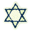 A large, carefully designed Star of David funeral tribute fills the frame, set against a plain white backdrop so that the floral craftsmanship can be appreciated without distraction. The star's outline is traced in a soft, plush band of white chrysanthemums or similar small-headed blooms, each flower nestled so closely that the border appears like a continuous ring of snow. Within this border, the centre of the Magen David is a solid hexagon of the same pure white flowers, glowing gently and drawing the eye inward. Around this heart, deep blue and indigo flowers, likely dyed chrysanthemums or carnations, are packed into the six points of the star, their rich colour offering weight, contrast, and a sense of depth. At the base of each point, the florist has carved out a neat, smaller triangle of white petals, so that white and blue alternate in a harmonious, balanced pattern. The petals are slightly ruffled and layered, giving the tribute a cushion-soft, almost quilted texture that suggests both comfort and care. The overall effect is solemn yet serene, echoing the white and blue seen on tallitot and flags at Jewish events around Golders Green, from synagogues off Golders Green Road to services attended by families from Temple Fortune and Cricklewood. This arrangement would be chosen to honour a loved one at a Jewish funeral, memorial, or shiva, offering a clear, respectful symbol of faith and heritage while surrounding the memory of the deceased with quiet beauty and order.