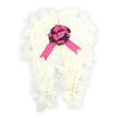 A tranquil angel-wing floral display appears against a seamless white background, offering the impression of a quiet pause in time. The wings are carefully formed from an abundance of small, pure white blossoms-most resembling chrysanthemums or spray carnations-placed shoulder to shoulder until they create a plush, snow-like surface. The individual petals overlap in soft layers, introducing subtle texture and depth that feels comforting, like a gentle embrace. Tracing the outer curves of each wing, soft white feathers are arranged in flowing lines, their delicate strands slightly splayed, echoing the natural taper and lift of real wings. These feathery edges add an ethereal, almost floating quality, as if the tribute were poised above a peaceful service in Golders Green or a quiet gathering near Hampstead Heath. At the central meeting point of the wings, the design shifts to a richer palette: a compact circular cluster of deep violet and dark purple flowers or foliage forms a velvety base, grounding the composition. On top of this sits a vivid fuchsia pink satin bow, the ribbon tied into generous loops with slender, trailing tails that extend downward in a gentle arc. Nestled at the very heart of the bow is a single, tender light pink rosebud, its softly folded petals suggesting innocence, love, and a farewell spoken with care. The contrast between the white wings, the dusky purple core, and the bright pink highlight creates a moving, visually powerful tribute, perfectly suited for sympathy arrangements, funeral tributes, and memorial deliveries in and around Golders Green, symbolising protection, purity, and an enduring bond that continues beyond parting.