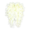 This photograph captures an exquisitely detailed pair of angel wings, formed entirely from white flowers and feathers, designed as a heartfelt funeral tribute. The wings are symmetrical and gracefully shaped, their outer edges softened by a generous border of fluffy white feathers that curl slightly, giving a light, airy feel as if the wings might lift at any moment. Inside this feathery frame, the core of each wing is constructed from countless tiny white blossoms-likely mini chrysanthemums and similar round-headed flowers-placed so closely together that the surface resembles a soft, floral tapestry. Some of the petite blooms display a very faint hint of pale green or creamy yellow at their centres, introducing a subtle depth and natural variation within the overall white palette. The lighting is gentle and even, highlighting the interplay between the feathery texture and the compact petals, while a slight shadow beneath the wings emphasises their sculpted, three-dimensional form. The composition is set against a pure white backdrop, which allows the serene shape and careful craftsmanship to stand out with quiet clarity. The overall impression is one of stillness, purity, and spiritual comfort, making this design especially fitting for memorial services, cremations, or private farewells around Golders Green and nearby Hampstead. As a tribute created with the same care local florists bring to families across North West London, these angel wings seem to offer a symbolic embrace, expressing love, remembrance, and the hope that the departed is held gently in a place of peace.