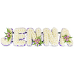 A tender, personalised memorial spells out the name JENNA in five three-dimensional block letters, photographed against a clean, white backdrop that emphasises every petal and shadow. Each letter is densely covered in small, creamy-white chrysanthemums, their rounded florets packed closely to form a soft, cloud-like surface that suggests quiet comfort. A slim band of deep purple ribbon hugs the inner curves and bases of the letters, providing a measured contrast and a gentle frame to the otherwise pristine design. Three small accent clusters are artfully placed to catch the eye: one nestles on the curved top of the J, another sits on the lower centre of the second N, and a third brightens the upper right of the A. These mini bouquets mix blush-lilac and pale pink spray roses with a few creamy-yellow roselets and dark green fern fronds, adding warmth, subtle scent, and a soft, botanical rhythm across the name. Thin, dark metal bars link the letters at their bases, barely visible but ensuring the tribute reads as a single, stable composition suited for standing displays at a service. The overall effect is solemn but tender - white for peace and remembrance, purple for dignity and gentle solace. In the gentle studio light the chrysanthemums seem to hold memory like a hush; the roses and ferns read as small, affectionate notes. This bespoke floral name tribute reads as a respectful funeral or sympathy arrangement, an intimate way to honour a life and name at a wake, chapel, or family gathering, offering both visual clarity and quiet emotional presence.