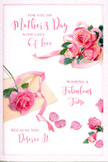 A softly romantic Mother's Day card is shown as a flat-lay composition, its focus a small gathering of blush and rose-pink roses arranged on a clean white background that feels as tranquil as a calm street in Golders Green on a Sunday morning. The roses themselves are lush and rounded, with finely detailed petals that overlap in gentle spirals, suggesting the velvety texture of real blooms carefully chosen from a florist's bucket. Scattered around the main cluster are loose petals in the same pink palette, some lying close to the roses, others drifting toward the corners of the card, giving the impression of a bouquet that has been lovingly handled, perhaps while preparing a breakfast-in-bed tray. A delicate ribbon, soft pastel in tone, curves and loops through the design, wrapping lightly around the central bouquet and extending outward in fluid lines reminiscent of the paths winding through nearby parks and gardens. Above and around the flowers, a flowing hand-lettered message celebrates Mother's Day with warm, sweeping calligraphy, the script harmonising with the floral forms and reinforcing the sense of affection and appreciation. The light across the card is even and gentle, casting minimal shadows yet providing enough contrast to bring out the layers of petals and the sheen of the ribbon, as if viewed near a bright window in a Golders Green home. The overall mood is one of tenderness and quiet celebration, a visual expression of gratitude to mothers that feels intimate, timeless, and perfectly paired with a fresh bouquet delivered locally.