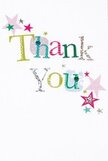 This thank you card overflows with gentle joy, perfectly capturing the spirit of kindness that flourishes in Golders Green's close-knit streets. The words 'Thank You' bloom in cheerful, multi-coloured typography-each letter textured with shimmering silver, sunny yellow, lively green, and playful blue. Some are adorned with soft stitched patterns or playful dots, suggesting the loving detail of something lovingly handmade. Star motifs in shades of pink, teal, and gleaming silver orbit the central message, their scattered paths evoking the feeling of a warm neighbourhood party or surprise gathering at the local community centre. The crisp white background provides an open, calming expanse-inviting the eye to linger on every hue and flourish. It's easy to imagine this card delivered along with a seasonal bouquet to a friend or neighbour here in Golders Green, carrying with it a message of sincere gratitude that shimmers softly between whimsy and heartfelt appreciation. The card feels as full of warmth and meaning as a thoughtfully arranged vase of fresh flowers, ready to uplift whoever receives it.