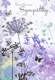 This sympathy card unfolds like a quiet poem in watercolour, capturing the soft calm that can be felt on a still evening walking along the tree-lined streets around Golders Green. Airy silhouettes of wildflowers stretch upwards, their stems drawn in fine, almost calligraphic lines, each crowned with delicate umbel clusters that resemble tiny lace umbrellas. The colours stay within a gentle, cool palette-lavender, indigo, misty blue, and touches of silvery green-layered in transparent washes so that some petals seem to float, barely anchored to their stems. Subtle hints of foliage drift across the background, blurred as if seen through a light veil of mist, giving the impression of a quiet meadow at dusk or a distant verge near Hampstead Heath just as the light begins to fade. Here and there, pale butterflies hover with wings softly shaded in the same cool tones, suggesting transformation, the presence of loved ones in memory, and the possibility of peace after sorrow. The card's message, With Sincere Sympathy, is written in a flowing, elegant script that rests gently above the floral scene, like a kind phrase offered in a low voice. Nothing in the composition feels loud or insistent; instead, everything is restrained, respectful, and tenderly observed. As a local florist serving families across Golders Green, Childs Hill, and nearby neighbourhoods, I recognise how this design mirrors the quiet reassurance people seek when sending condolences-nature's soft colours and graceful forms woven into a thoughtful, understated tribute to accompany funeral flowers or a simple sympathy gesture delivered to a neighbour's door.