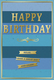 This birthday card presents itself with a calm, polished elegance, as if propped on a hallway console table beside a fresh bouquet in a Golders Green home. The background is formed from wide, horizontal stripes in multiple shades of blue, transitioning from deep navy at the bottom to lighter, more open sky tones at the top. Each stripe is clearly defined yet harmoniously blended with the next, evoking the layered, peaceful skies you might glimpse on an early walk toward Hampstead Garden Suburb. Dominating the centre of the card, the words HAPPY BIRTHDAY are embossed in generous gold lettering. The capitals are bold but not brash, each one slightly raised and finished in a soft metallic sheen that catches the light with every movement, echoing the glimmer of party lights or candles. Sitting directly below this central greeting is an ornate golden flourish, a symmetrical scroll that introduces a subtle, almost vintage charm. Under this flourish, three golden banners lie in a neat row, slightly arched and crisply edged. These banners carry a warm, relaxed message: Relax, have a great day and enjoy! The text feels like a gentle reminder to slow down and savour the day rather than rush through it. A slim gold border encloses the entire arrangement, giving the design a refined and complete appearance, much like the considered finishing touches on a professionally wrapped gift. The surface of the card seems smooth and substantial, with the contrast between the matte blues and gleaming gold adding depth and texture. Overall, the image conveys a mood of quiet, heartfelt celebration-perfect for pairing with same-day birthday flower delivery across NW11 from a trusted local florist.