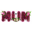 A striking and emotive floral arrangement spells out the word MUM in robust, three-dimensional letters, positioned against a simple, bright white backdrop so the flowers appear almost to float. Each letter is meticulously filled with hundreds of tightly packed deep pink and magenta blooms, likely chrysanthemum or carnation heads, creating a dense, even texture that feels both substantial and comforting. The petals form a lush, velvety surface, while the tiny green centres peeking through lend a subtle freshness, reminiscent of the greenery found in Golders Green's residential gardens. Around the sides of each letter, a pale pink ruffled ribbon has been carefully pleated and secured, softening the edges and introducing a gentle, fabric-like detail that speaks to the florist's craftsmanship. The outer top corners of both Ms are adorned with elegant sprays of lighter pink roses, some in bud and others fully open, surrounded by fresh green foliage and fern fronds that arch slightly outward, bringing movement and softness to the structure. Nestled quietly at the base of the central U is a smaller, corsage-style cluster of light pink roses, creamy white flowers, and greenery, evoking the intimacy of a hand-tied posy laid with care. The overall tribute feels deeply personal, a classic funeral flower design used across Golders Green to honour a cherished mother or maternal figure at services, wakes, or memorials, conveying love, gratitude, and an enduring bond that continues long after the final farewell.