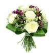 This image shows a meticulously crafted hand-tied bouquet set against a bright, uncluttered white background, making every flower and leaf appear vivid and distinct. The focal point is a cluster of fully opened white and cream roses, their petals unfolding in rich spirals that create a soft, cushiony centre. Threaded between them are deep purple alstroemeria, some still in bud and others fully open, their petals etched with fine, darker lines that draw the eye inward and add an air of quiet sophistication. Surrounding these focal blooms, cloud-like sprays of white baby's breath bring an airy, almost misty quality to the arrangement, echoing the tranquillity of an early morning walk through nearby Golders Hill Park. Tucked subtly within the bouquet, small spiky filler flowers in green and off-white-similar to astrantia or fine thistles-give a contemporary, textured twist, preventing the design from becoming overly traditional. The whole floral head is embraced by a collar of wide, emerald green leaves, skillfully folded and wrapped to form a smooth, glossy frame that feels both modern and timeless. Below, the stems are evenly cut and tightly bound with a green checked ribbon, ready to be placed in a vase on a Golders Green dining table, carried to a milestone celebration near Hampstead, or delivered as a thoughtful sympathy gesture. The mood captured in the photo is understated elegance and gentle emotion, showcasing the florist's artistry in balancing colour, texture, and structure.