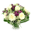 A beautifully crafted bouquet is captured in clear, even light against a clean white background, highlighting a graceful blend of classic and modern floristry that feels entirely at home in Golders Green. At its centre, large, fully bloomed creamy white roses form a soft, luxurious core, each flower showcasing elegant spirals of petals that curve outward like delicate satin. Nestled closely around and between them, rich purple to magenta alstroemeria add depth and contrast, their trumpet-shaped blooms and patterned petals lending energy and visual rhythm. Some of these Peruvian lilies are open and expressive, while others remain in bud, suggesting that the bouquet will continue to unfold in beauty after it arrives in a local home off Golders Green Road. Cloud-like tufts of white gypsophila drift throughout the arrangement, softening the interplay between cream and purple with a fine, airy texture that feels almost weightless. Among them, pale green and white astrantia stand out with their intricate, pincushion centres and papery star bracts, giving the bouquet a refined, slightly wild charm, as if inspired by natural plantings near Hampstead Heath. All of this is gathered and encircled by folded aspidistra leaves, their broad, glossy surfaces curving neatly around the base to create a structured, sculptural collar in deep green. The stems are tightly bound and trimmed, visible just at the lower edge before fading into the white background. The overall impression is one of calm, measured elegance and heartfelt care, ideal for expressing admiration, sending thoughtful sympathy, or marking a quiet celebration anywhere across Golders Green and the nearby North West London neighbourhoods.