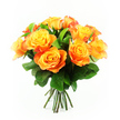 A luxurious bouquet of around twelve bi-colour roses is shown front and centre, glowing against a pure white background that accentuates every warm shade and delicate curve, as though displayed in the bright interior of Flowers Golders Green. Each rose is fully open, revealing densely layered petals that start in a clear, sunshine yellow at the core and gradually deepen into glowing orange and soft burnt apricot toward the edges, with occasional petals tipped in a subtle red-orange hue. The colour palette feels like a captured sunrise over Golders Green's tree-lined streets, vibrant yet soothing. The blooms are arranged closely together into a full, rounded dome, creating a sense of richness and generosity. Interspersed among the roses are sleek, dark green leaves, their slightly glossy surfaces contrasting beautifully with the velvety petals and adding a fresh, garden-picked character to the design. Below the floral canopy, a tidy bundle of straight, dark green stems is visible, trimmed and aligned, ready for placing in a favourite vase in a home near Golders Green, Brent Cross, or Childs Hill. Even, soft lighting washes over the bouquet, highlighting the gentle ruffles at the petal edges and the subtle gradients of colour without casting harsh shadows. The overall mood is joyful and celebratory, perfect for marking birthdays, anniversaries, romantic milestones, or offering an uplifting gesture of encouragement to someone special in the local area, with the timeless beauty of roses presented in their most radiant form.