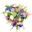 Evoking both elegance and a sense of local connection, this lush bouquet created by skilled Golders Green florists captivates with every detail. At its heart, plush indigo and teal hydrangeas unfold in generous, rounded clusters, their dreamy hues mirrored in peaceful golds and lavenders that recall a stroll down Golders Green Crescent on a gentle morning. Nestled beside them, velvety lilac roses and snowy lisianthus blooms open gracefully, the spiraling petals revealing layers of romance and tranquility. Billowing sprays of petite pink blossoms and feathery astilbe drift throughout, lending a touch of whimsy and poised movement like summer breezes swirling through the neighbourhood's gardens. Threaded between, soft yellow eustoma buds sparkle with gentle brightness, and delicate clusters of near-translucent green and white fillers offer a lacy, tactile contrast. Fragrant, earthy notes rise from the greenery, grounding the ensemble in a fresh, local character that evokes the spirit of Golders Green. Neatly bound stems are finished with a royal purple satin ribbon-a luxurious touch that ties the palette together, ready for a heartfelt delivery to mark birthdays, anniversaries, or moments of joy. The bouquet radiates warmth and serenity, a tranquil centrepiece sure to be remembered in homes from Hoop Lane to the edge of Hampstead Garden Suburb.