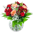 A sensual, sunlit bouquet that reads like a quiet love letter - deep crimson chrysanthemums and radiant red roses clustered tightly around buttery apricot and light salmon roses whose petals unfurl in a soft, luxurious spiral. Wisps of white gypsophila drift through the composition like morning mist or tiny falling snowflakes, their delicate cloudiness softening the intensity of the reds and lending a feathered lightness. Broad, glossy green leaves frame the whole arrangement, catching the light and grounding the design with an earthy freshness; you can almost sense the faint, clean green scent that underpins the sweeter rose perfume. The stems sit exposed in a round, clear glass vase, water refracting the morning light and giving the whole piece an honest openness, as if it were placed on a windowsill overlooking Golders Hill Park at dawn. The movement of the blooms - spilling slightly outward while bending inward toward the central apricot roses - suggests warmth, tenderness, and a discreet celebration of intimacy. This is a bouquet composed for anniversaries, quiet proposals, or simply to remind someone they are cherished; it feels practiced and thoughtful in equal measure, the work of a florist confident in texture, tone, and balance. Delivered across Golders Green and nearby Hampstead Garden Suburb, it reads as both a personal embrace and an elegant object on a dining table, crafted to meet the eye and linger in memory with its soft, evocative scent and painterly palette.