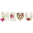 A tender, hand-crafted floral tribute spells out the message H E (heart) U in crisp, artisan detail against a pristine white backdrop. Each capital letter - H, E and U - is formed from a dense bed of pure white chrysanthemums, their soft, pillowy heads packed tightly to create satin-smooth planes of colour. Each letter is edged with a ruffled blush-pink satin ribbon that catches the soft studio light and gives a delicate, tactile frame to the shapes. Small clusters of vivid fuchsia roses punctuate the composition: two roses nestle at the base of the left stroke of the H, a trio brightens the central bar of the E, and a pair sits inside the lower curve of the U, their deep petals set off by tiny dark red berries and slender, fern-like foliage that add contrast and structure.

Between the letters sits a generously filled heart-shaped spray, a softer palette where pale pink carnations and cream-tinged lisianthus blend with small blush roses and handfuls of silvery-green eucalyptus leaves. The heart's texture is more layered and romantic, its scent a gentle mingling of rose and sweet carnation while the eucalyptus lends a fresh, green lift. The overall impression is one of quiet devotion - suitable as a memorial tribute or an intimate celebration of life - crafted with steady hands and floral expertise familiar to Golders Green families. Seen in the morning light it feels peaceful and reverent, a bespoke expression of love that would sit respectfully at a service near Golders Hill Park or beside a remembrance at the local crematorium.